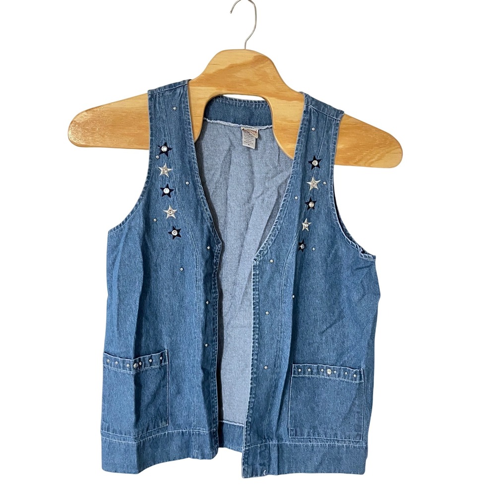 Cactus California‎ Vintage Denim Vest Medium Blue Star Studded Rhinestone USA